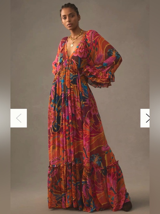 FARM Rio Dresses & Skirts - Farm Rio Vintage Wave Maxi Dress Small Colorful Floral Boho Long Sleeve Vacation